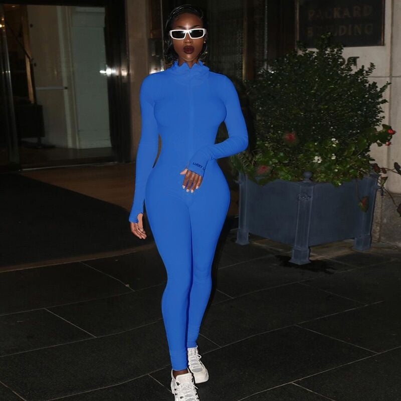 Women's Zipper Stretch Turtleneck Slim Fit Fitness Jumpsuit