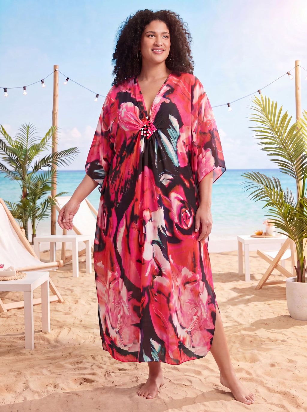 Red Floral Kaftan Beach Outerwear Long Bathing Suit Cover Up Maxi Beach Dress Loungewear