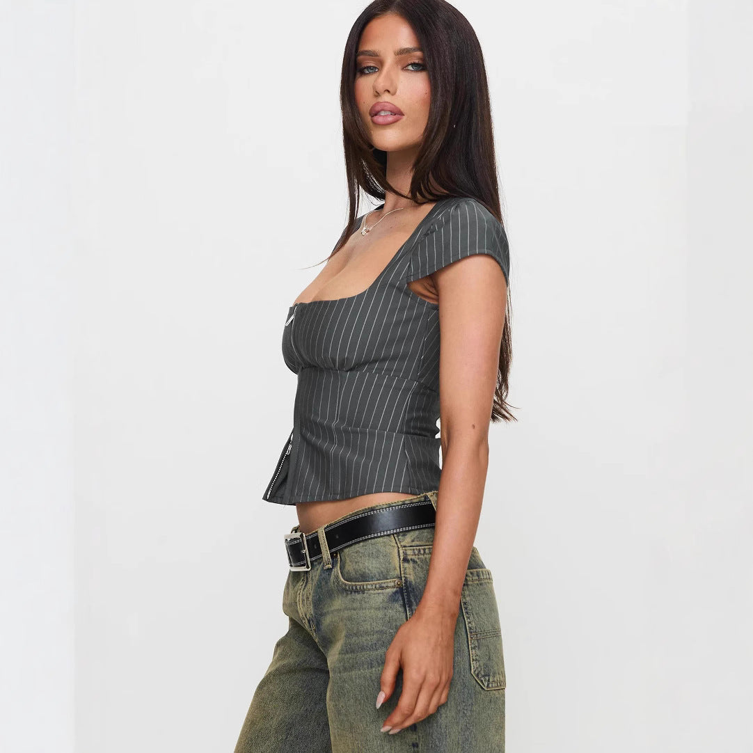 Women's Retro Square-neck Short-sleeve Top With Double Zippers