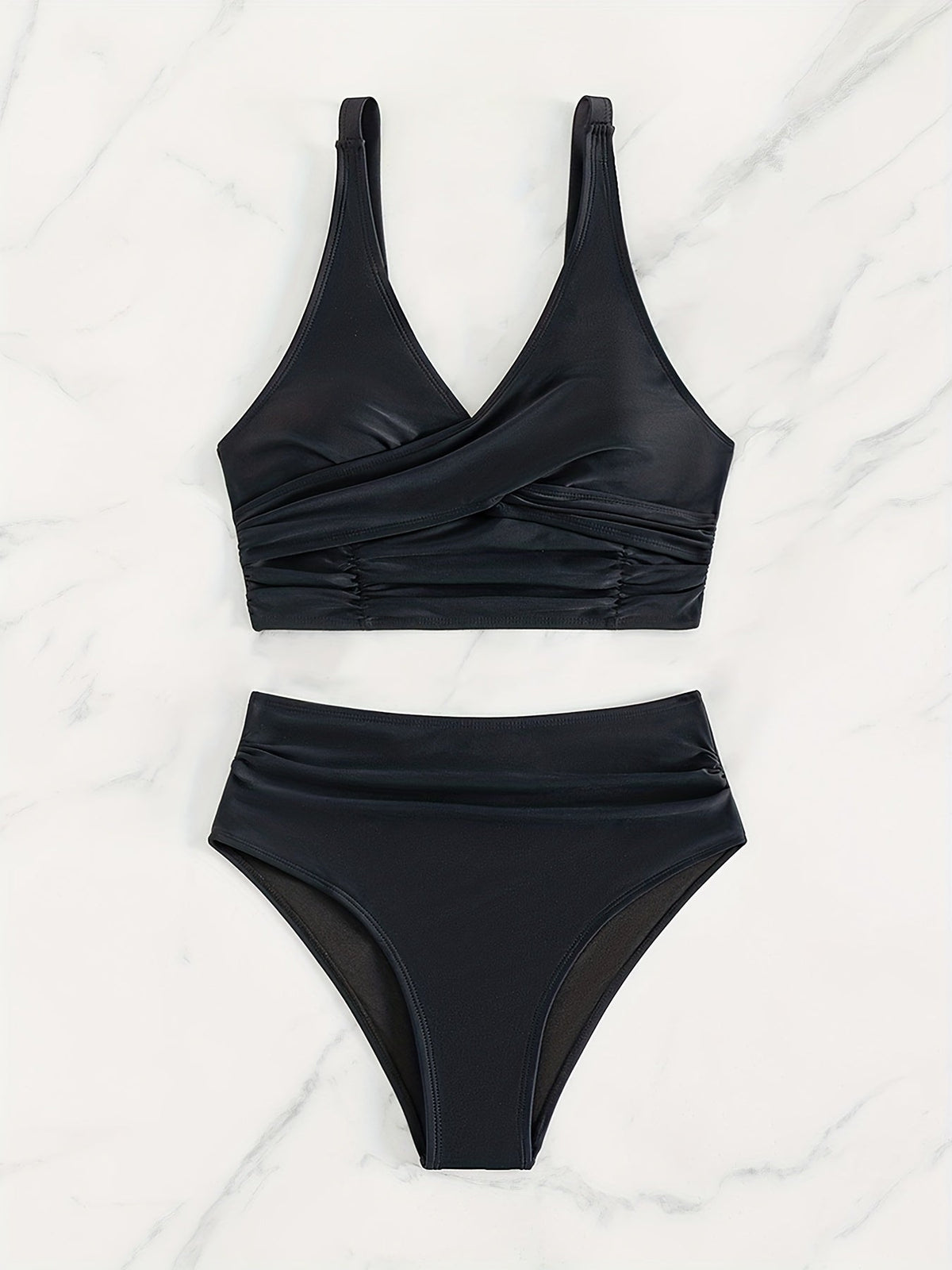 Bikini Solid Black Twist Front High Waist 2 Piece Swimsuit for Women – Stretchy V Neck Bikini Set with Ruched Tummy Control and Cross Strape Detail – Quick Drying Polyamide Swimwear for Beachwear Poolside and Summer Travel