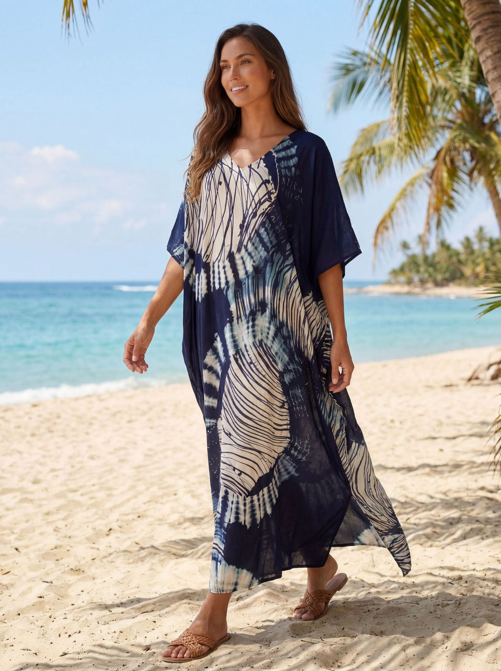Women's V-neck Long Kaftan Geometric Printing Dress Beach Bikini Cover Ups