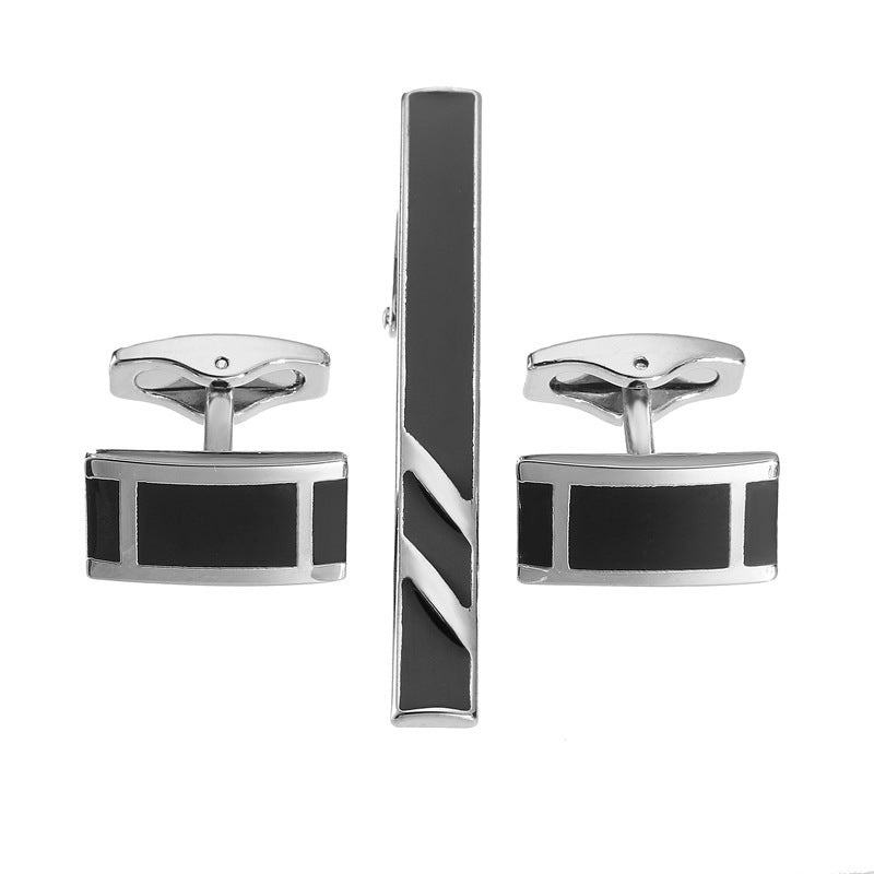 Black Enamel Silver Diagonal Stripes Tie Clip Cuff Buckle Set