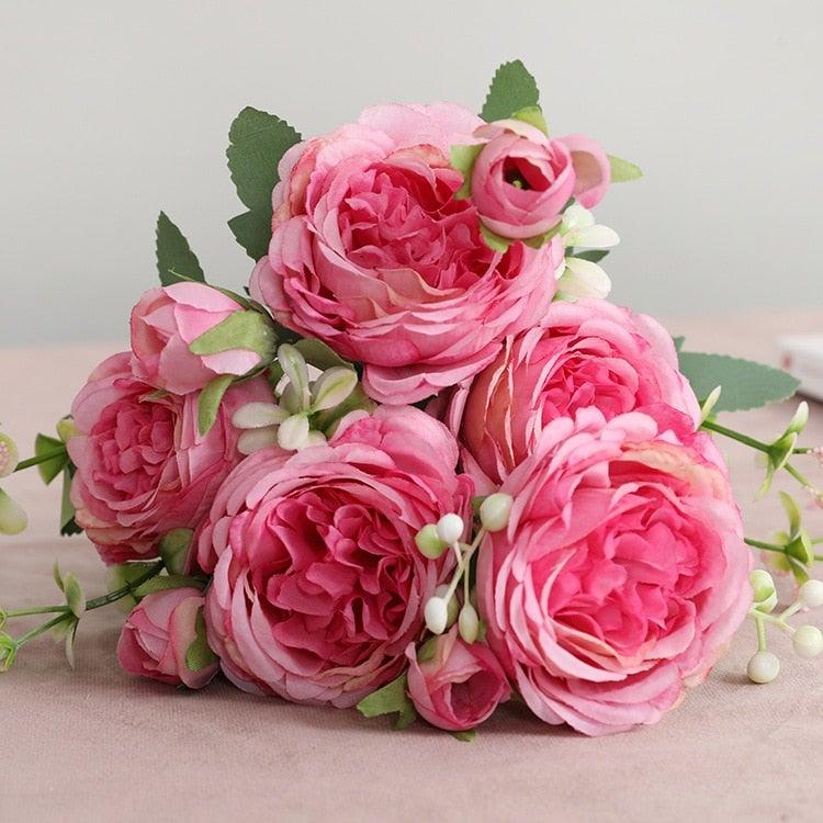 Beautiful Rose Peony Artificial Silk Eucalyptus Fake Flowers Small bouquet Flores Home Party Spring Wedding Decoration Artificial Silk Rose Flower Bouquet Lifelike Fake Rose for Wedding Home Party Decoration Event Gift