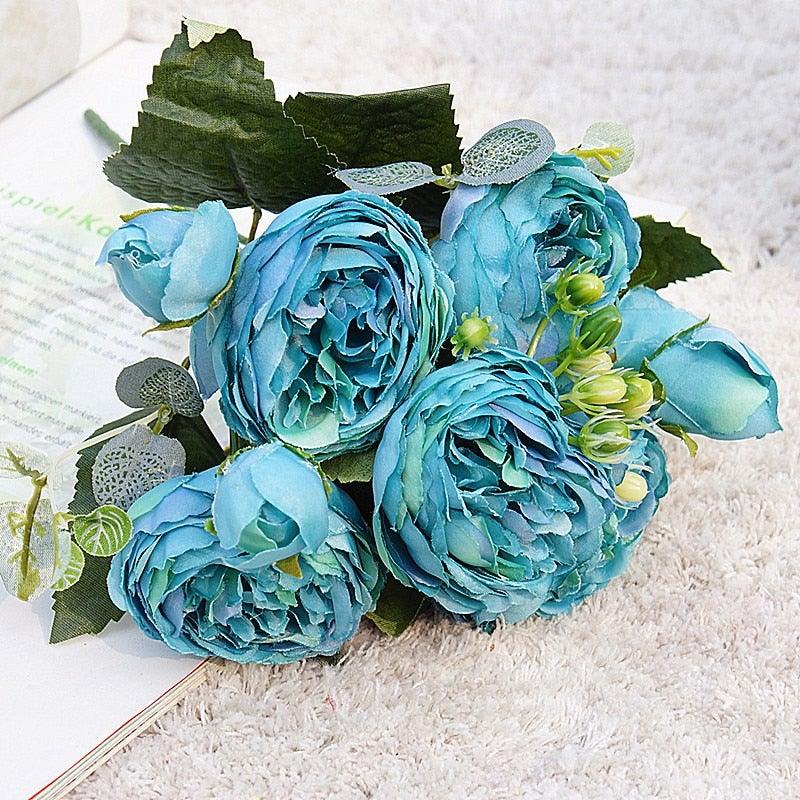 Beautiful Rose Peony Artificial Silk Eucalyptus Fake Flowers Small bouquet Flores Home Party Spring Wedding Decoration Artificial Silk Rose Flower Bouquet Lifelike Fake Rose for Wedding Home Party Decoration Event Gift
