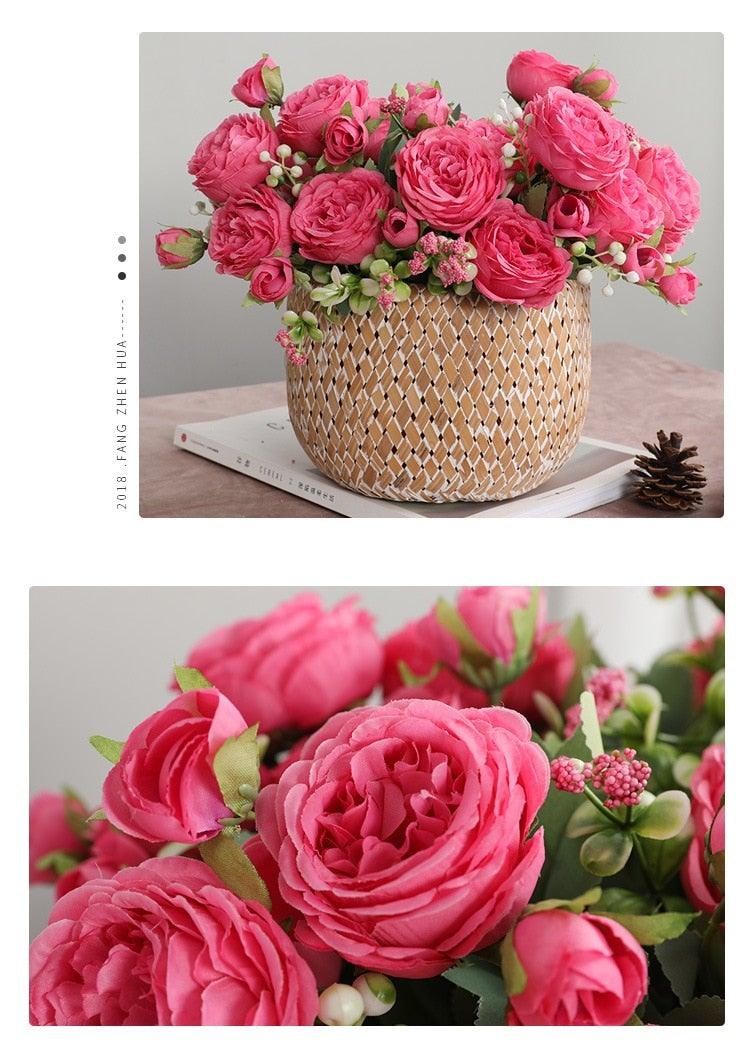 Beautiful Rose Peony Artificial Silk Eucalyptus Fake Flowers Small bouquet Flores Home Party Spring Wedding Decoration Artificial Silk Rose Flower Bouquet Lifelike Fake Rose for Wedding Home Party Decoration Event Gift