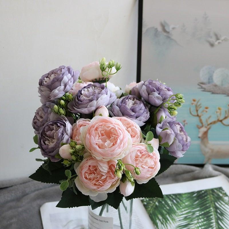 Beautiful Rose Peony Artificial Silk Eucalyptus Fake Flowers Small bouquet Flores Home Party Spring Wedding Decoration Artificial Silk Rose Flower Bouquet Lifelike Fake Rose for Wedding Home Party Decoration Event Gift