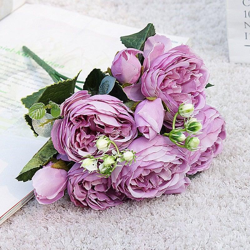 Beautiful Rose Peony Artificial Silk Eucalyptus Fake Flowers Small bouquet Flores Home Party Spring Wedding Decoration Artificial Silk Rose Flower Bouquet Lifelike Fake Rose for Wedding Home Party Decoration Event Gift
