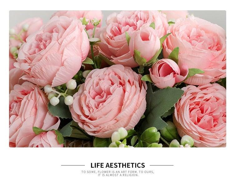 Beautiful Rose Peony Artificial Silk Eucalyptus Fake Flowers Small bouquet Flores Home Party Spring Wedding Decoration Artificial Silk Rose Flower Bouquet Lifelike Fake Rose for Wedding Home Party Decoration Event Gift