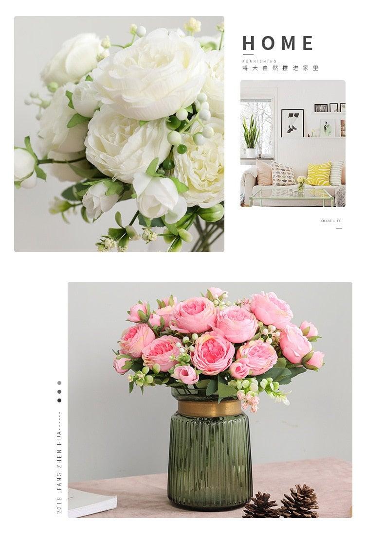 Beautiful Rose Peony Artificial Silk Eucalyptus Fake Flowers Small bouquet Flores Home Party Spring Wedding Decoration Artificial Silk Rose Flower Bouquet Lifelike Fake Rose for Wedding Home Party Decoration Event Gift