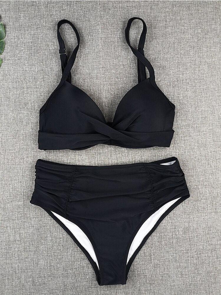 Bikini Swimwear Women High Waist Swimsuit Solid Color Bikini Set Women's Push Up Underwire Top Bottom Bikini Bathing Swimsuits Beach Wear Padded Push Up Bikini Set Female