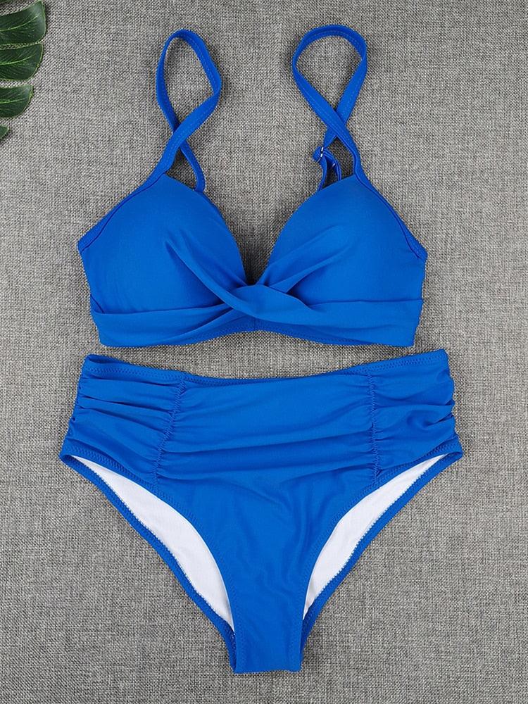 Bikini Swimwear Women High Waist Swimsuit Solid Color Bikini Set Women's Push Up Underwire Top Bottom Bikini Bathing Swimsuits Beach Wear Padded Push Up Bikini Set Female
