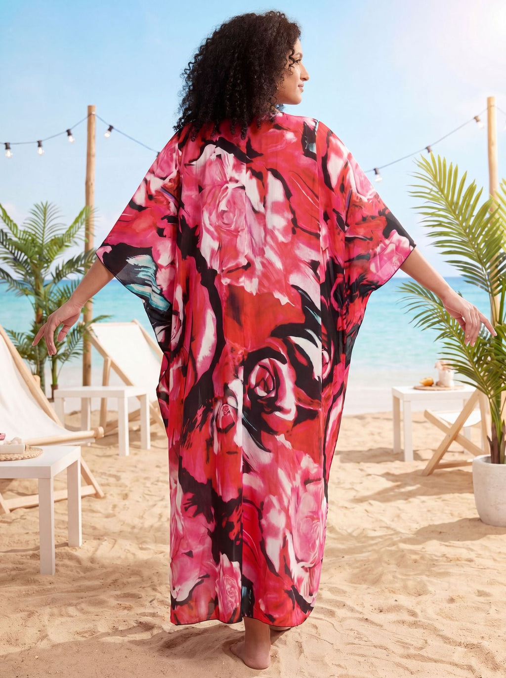 Red Floral Kaftan Beach Outerwear Long Bathing Suit Cover Up Maxi Beach Dress Loungewear