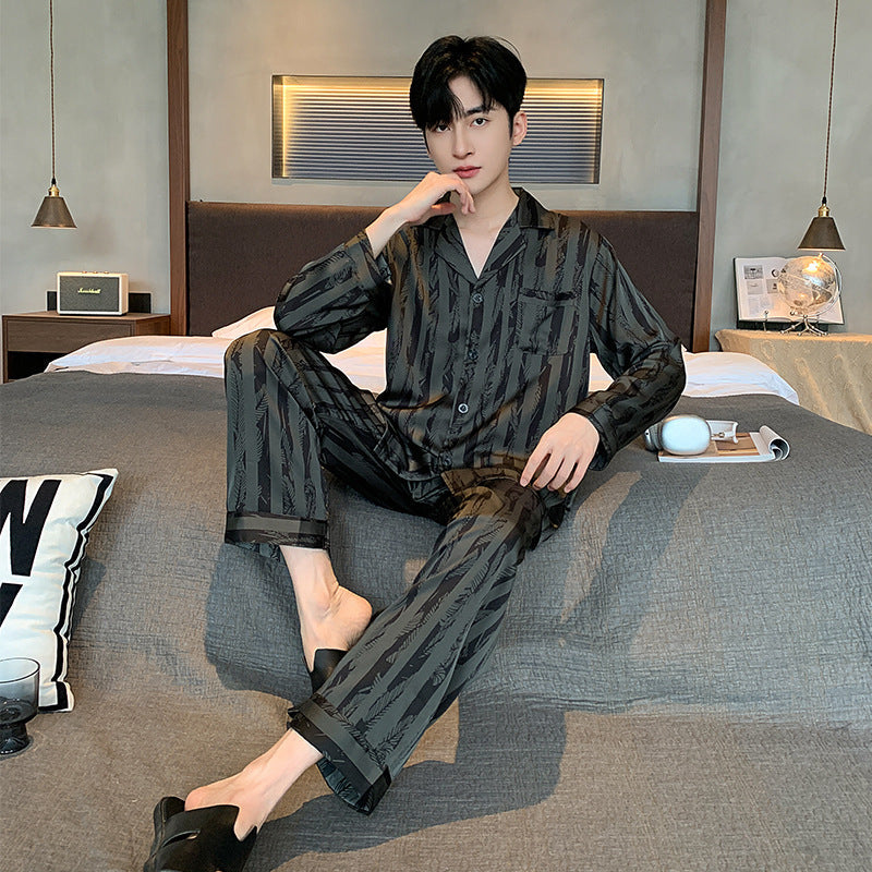 High-grade Ice Silk Men's Pajamas V-neck Thin Trousers Long Sleeve Two-piece Set