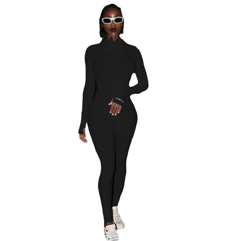 Women's Zipper Stretch Turtleneck Slim Fit Fitness Jumpsuit