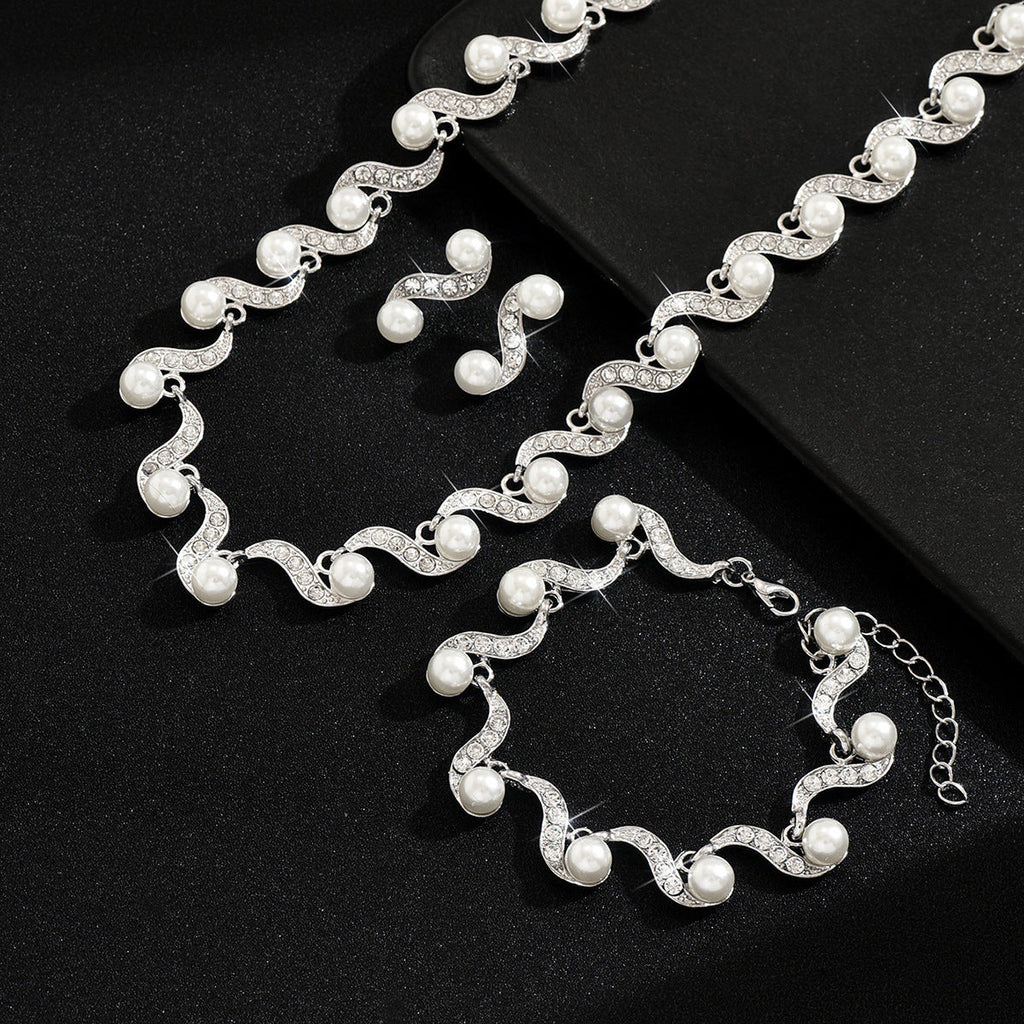 Cross-border Bridal Wedding Dress Rhinestone Pearl Necklace, Earrings, Bracelet Set, Luxurious And Dazzling For Prom And Party