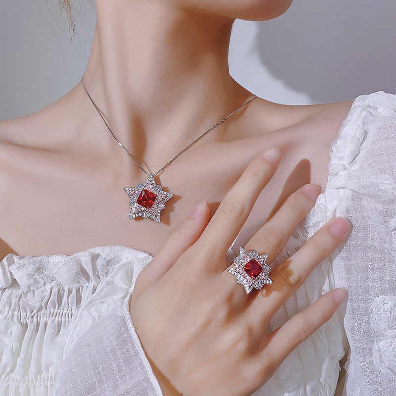 Huayoumei Five Pointed Star Zircon Necklace Ring Set Red Stone Women Jewelry Set For Daily Dating Office Banquet Party Occasions