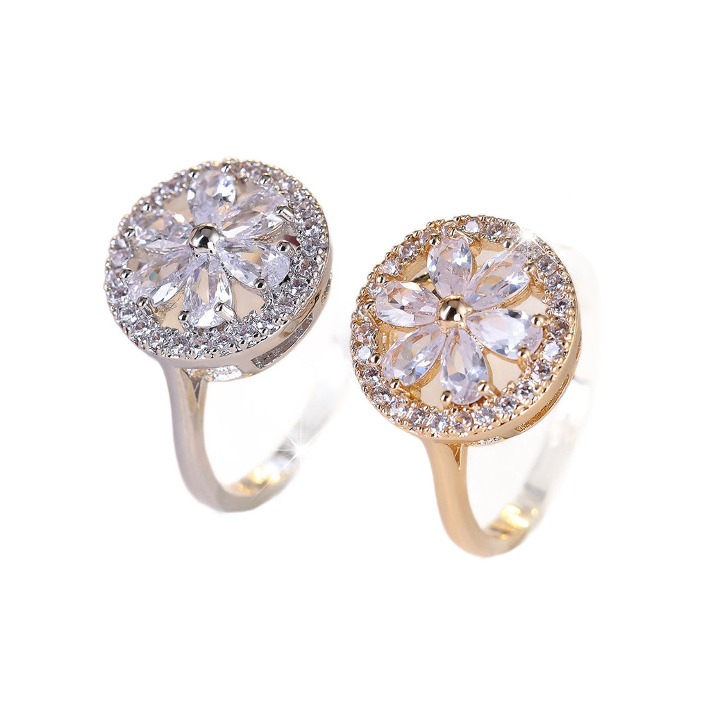 Luxury Pave Cubic Zirconia Flower Ring For Women, Minimalist Fashion Versatile Daily Wear Finger Ring