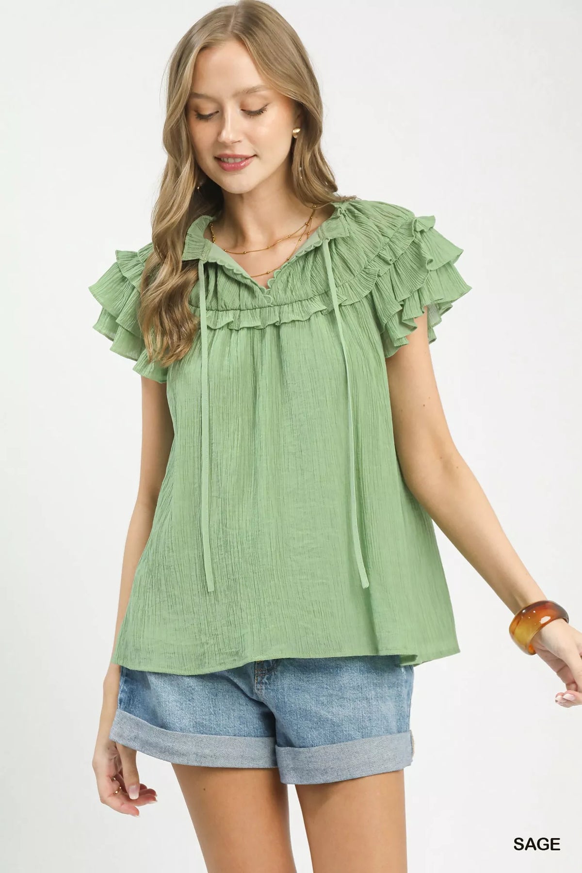 Umgee Ruffled Flutter Sleeve Textured Blouse