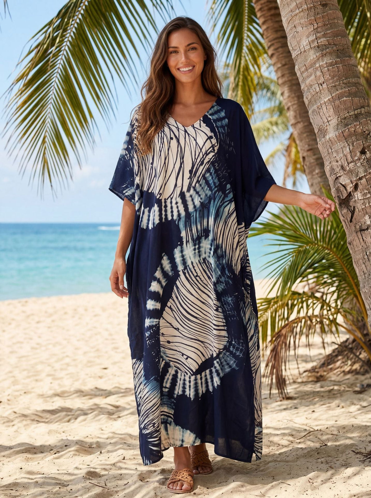 Women's V-neck Long Kaftan Geometric Printing Dress Beach Bikini Cover Ups