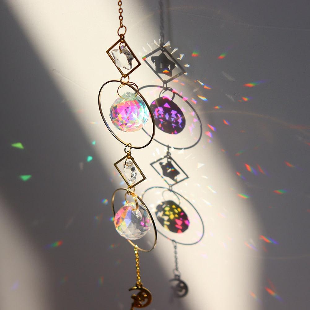 Chandelier Crystal Wind Chime Pendant Metallic Hoop Moon Rainbow Maker Sun Hanging Drop Crystal For Window Curtains Home Decor Gifts Photography Prop