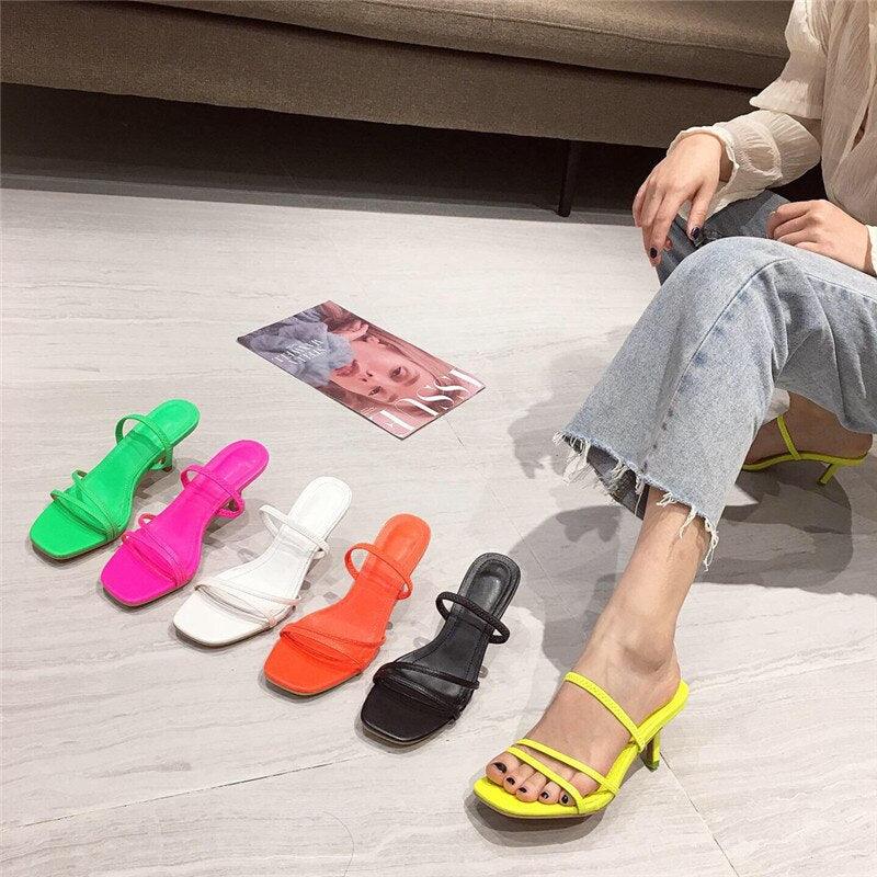 Colorful Women Sandals Slides Slippers Square Open Toe Slip On Thin Mid Heels Pumps Casual Narrow Band Open Toe Sandals Flip Flops Slip On Fashion Dress Heels Back High Heel Slide Slipper