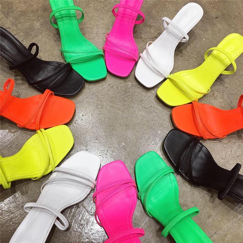 Colorful Women Sandals Slides Slippers Square Open Toe Slip On Thin Mid Heels Pumps Casual Narrow Band Open Toe Sandals Flip Flops Slip On Fashion Dress Heels Back High Heel Slide Slipper
