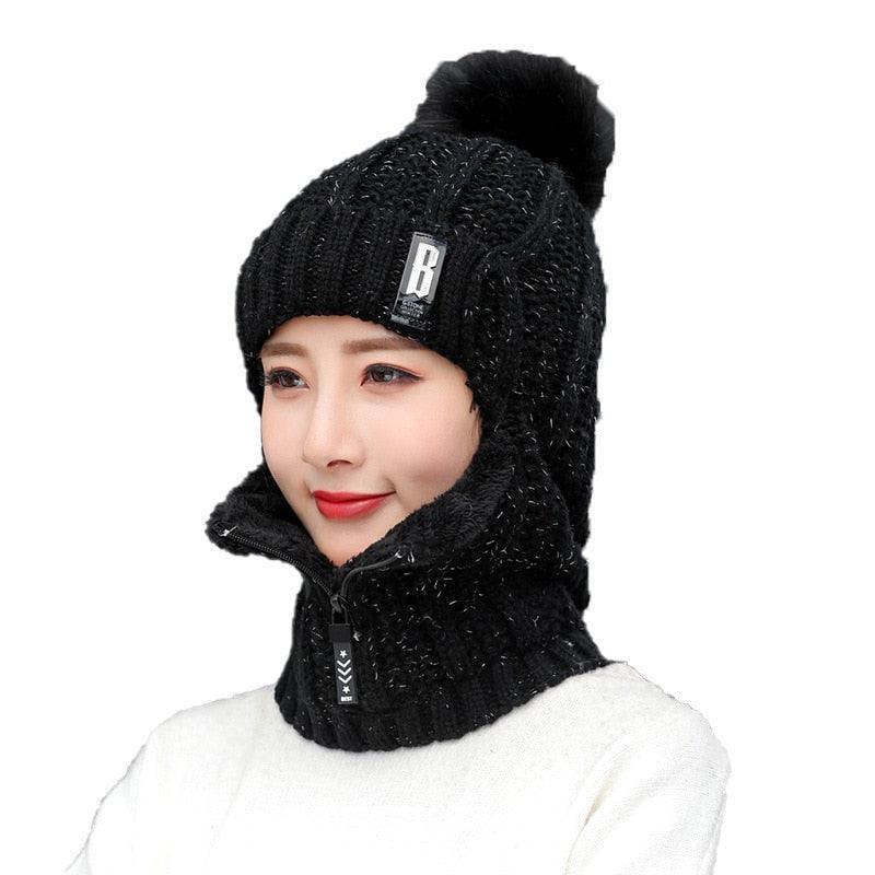 Coral Fleece Winter Women Knitted Hats Add Fur Warm Winter Hats For Women With Zipper Keep Face Warmer Balaclava Pompoms Cap Balaclava Gorgas Bonnet Knitted Hat Windproof Ski Mask Cold Weather Face Mask Motorcycle Balaclava Hood Warmer Winter Sports Cap