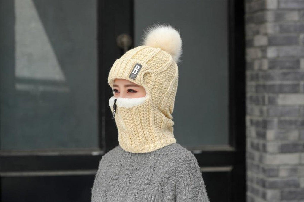 Coral Fleece Winter Women Knitted Hats Add Fur Warm Winter Hats For Women With Zipper Keep Face Warmer Balaclava Pompoms Cap Balaclava Gorgas Bonnet Knitted Hat Windproof Ski Mask Cold Weather Face Mask Motorcycle Balaclava Hood Warmer Winter Sports Cap