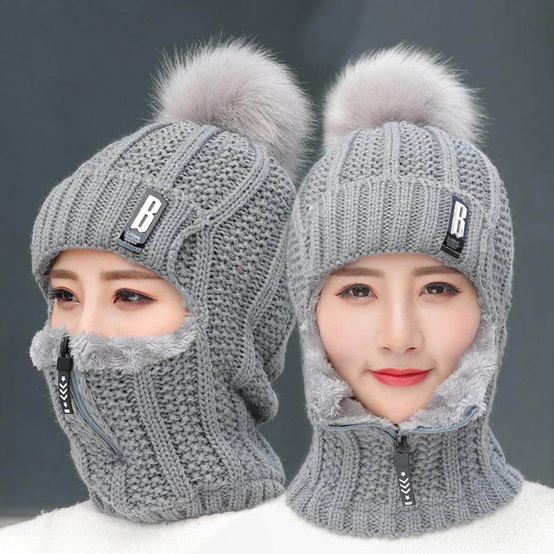 Coral Fleece Winter Women Knitted Hats Add Fur Warm Winter Hats For Women With Zipper Keep Face Warmer Balaclava Pompoms Cap Balaclava Gorgas Bonnet Knitted Hat Windproof Ski Mask Cold Weather Face Mask Motorcycle Balaclava Hood Warmer Winter Sports Cap