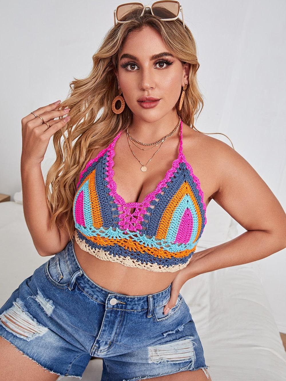 Crochet Bikini Sets Multi Color Knitted Rainbow Striped Off Shoulder Top Bottom Bikini Women's Crochet Striped Lace Up  Shorts Bikini Set 2 PCS Knit Bathing Suit Swimsuit Beachwear Bathing Suit Women Swimsuit