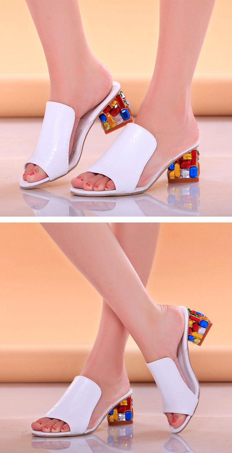Crystal Sandals Open Toe Square Heels Spring Summer Shoes Sandals Women Footwear Low Block Heels Mules Open Toe Ankle Strap Sandals Square Toe Mixed Colors Beautiful Sandals