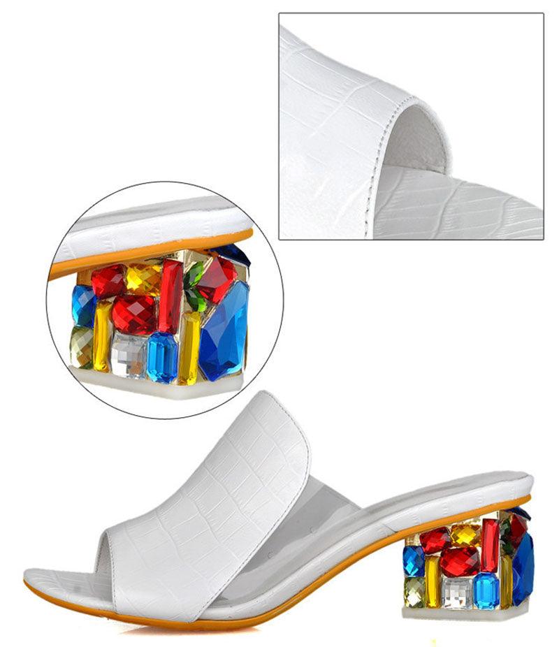 Crystal Sandals Open Toe Square Heels Spring Summer Shoes Sandals Women Footwear Low Block Heels Mules Open Toe Ankle Strap Sandals Square Toe Mixed Colors Beautiful Sandals