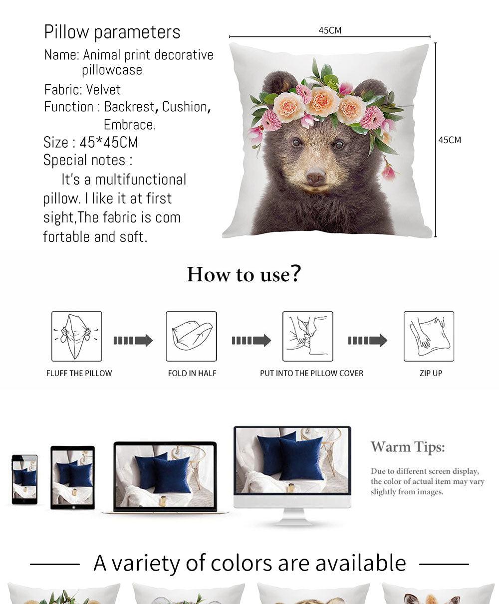 Cute Baby Animals Pattern Pillow Case Cotton Linen Cushion Cover for Home Sofa Pillow Covers, Cushion Covers Tiger Bunny Rabbit Horse Sheep Bear With Head Flowers Decorative Velvet Pillow Covers 45X45CM