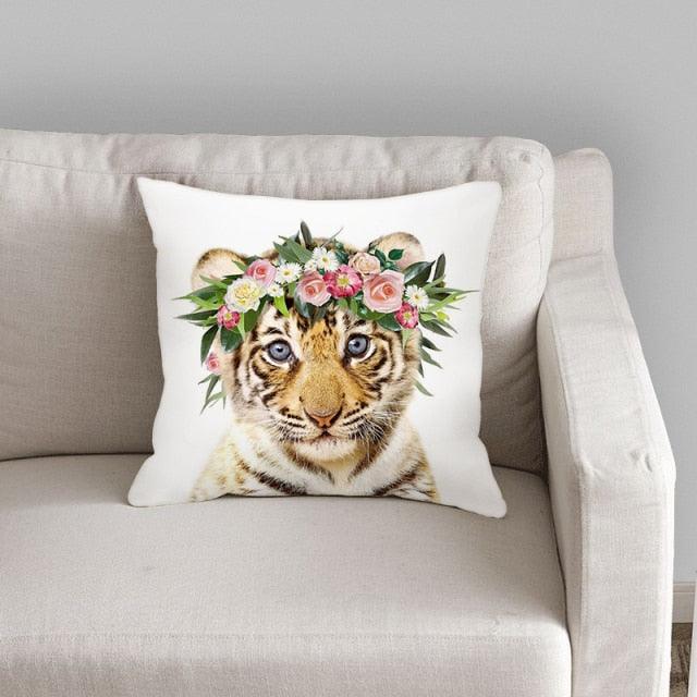 Cute Baby Animals Pattern Pillow Case Cotton Linen Cushion Cover for Home Sofa Pillow Covers, Cushion Covers Tiger Bunny Rabbit Horse Sheep Bear With Head Flowers Decorative Velvet Pillow Covers 45X45CM