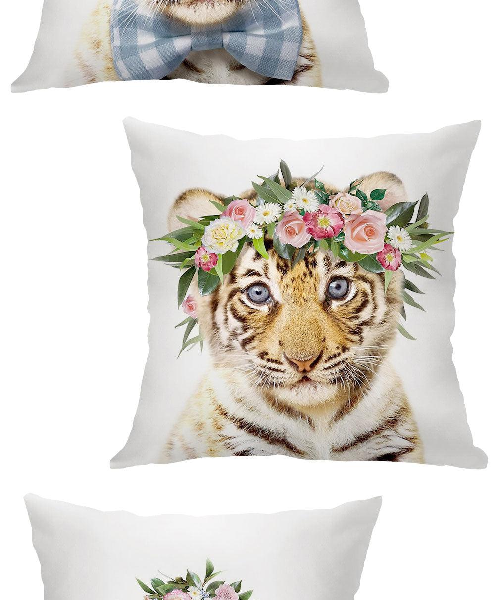 Cute Baby Animals Pattern Pillow Case Cotton Linen Cushion Cover for Home Sofa Pillow Covers, Cushion Covers Tiger Bunny Rabbit Horse Sheep Bear With Head Flowers Decorative Velvet Pillow Covers 45X45CM