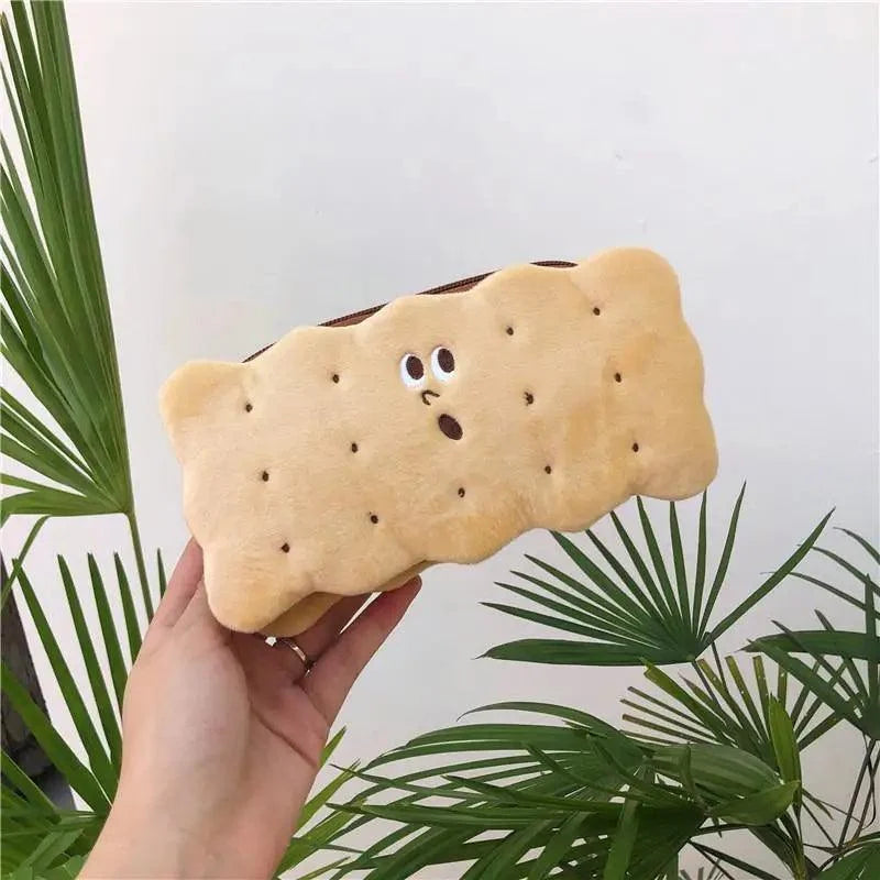 Cute Biscuit Shape Plush Pencil Bag Unique Soft School Classic Cookies Stylish Large Capacity Pouch Pencil Pouch For Teen Boys Girls School Students Pencil Bag Organizer