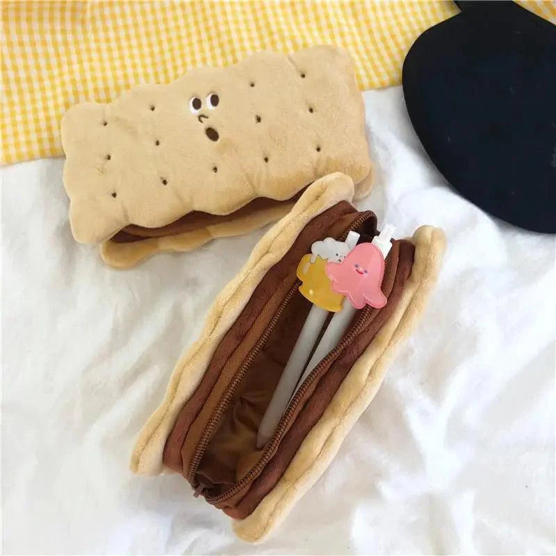 Cute Biscuit Shape Plush Pencil Bag Unique Soft School Classic Cookies Stylish Large Capacity Pouch Pencil Pouch For Teen Boys Girls School Students Pencil Bag Organizer