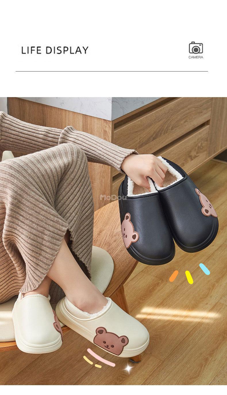Cute Side Bear Waterproof Cotton Women Shoes Winter Warm Indoor Outdoor Wrapped Heel Slippers EVA Comfort Memory Foam Slippers Waterproof Non Skid Warm Washable Cotton Shoes Loafer Slippers