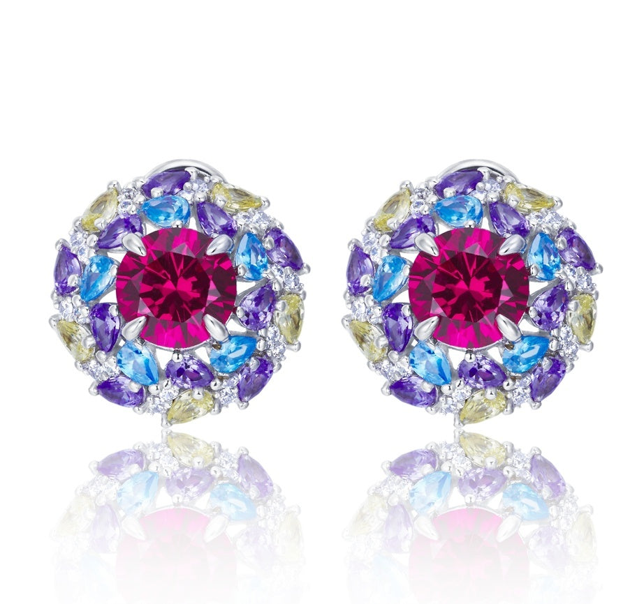 S925 Silver 6.5g 2ct Lab-Created Ruby Earrings, Multicolor Cluster, Pair