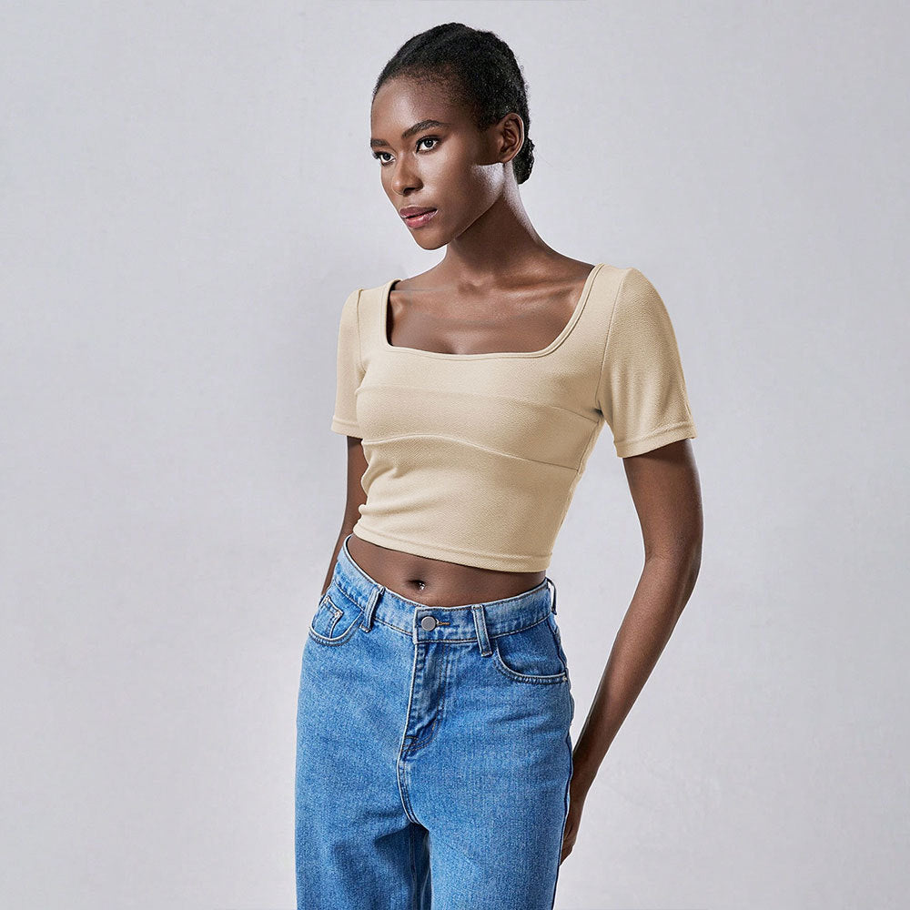Cropped Midriff-baring Design Short-sleeve Top