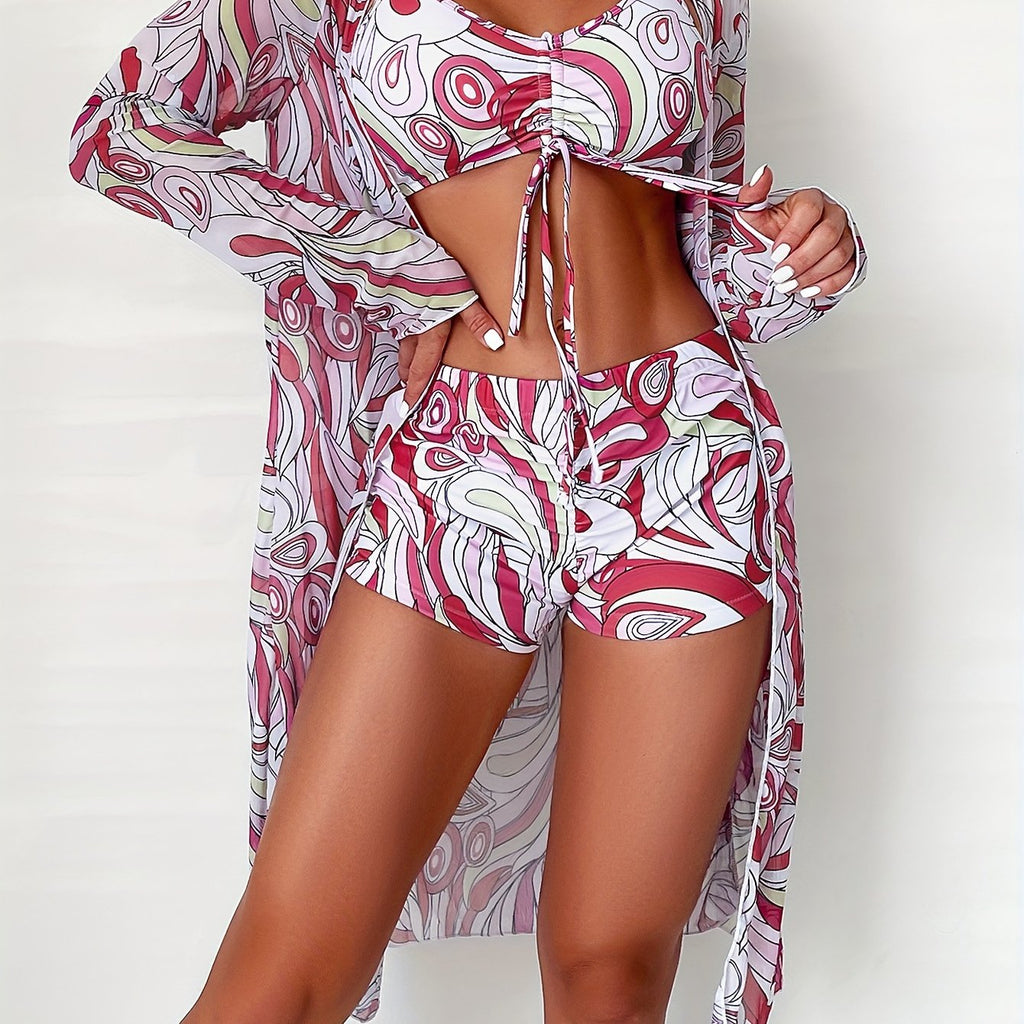 Modern Geo 3-Piece Bikini Set – Vibrant Geometric Print Fluttering Swimwear with V-Neck Top Boxer Shorts Bottoms and Long Sleeve Cover Shirt – Comfortable High-Stretch Women’s Beachwear for Pool & Summer Vacations
