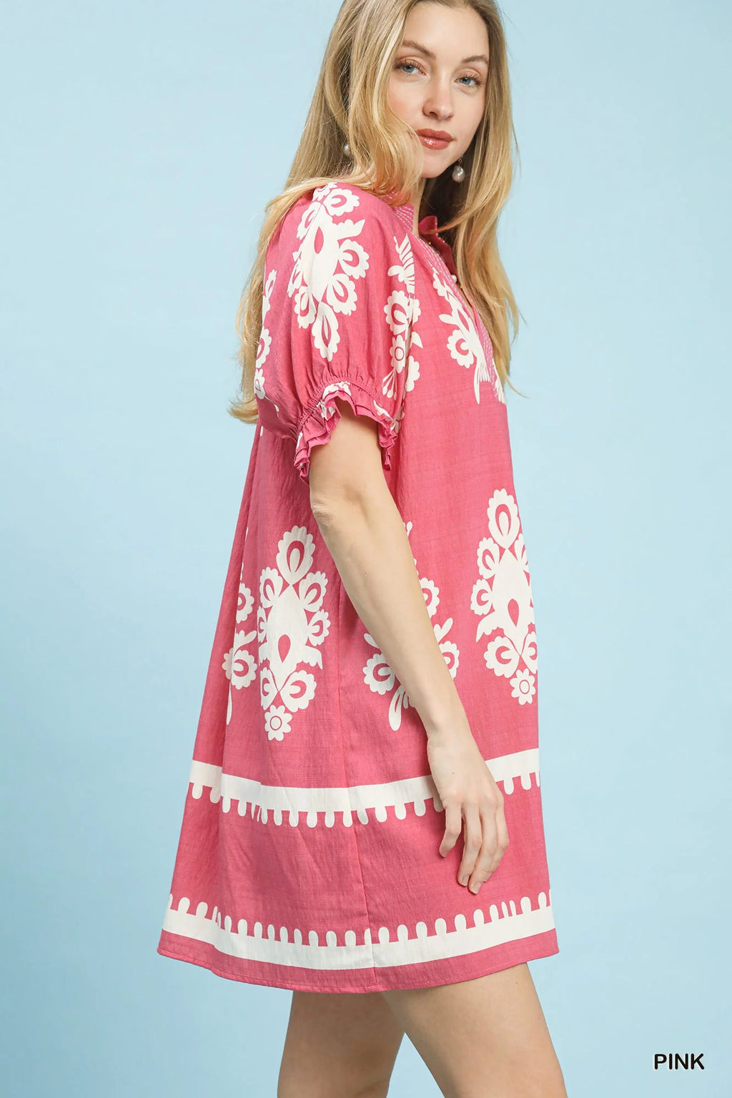 Umgee Two Tone Border Print Mini Dress in Pink