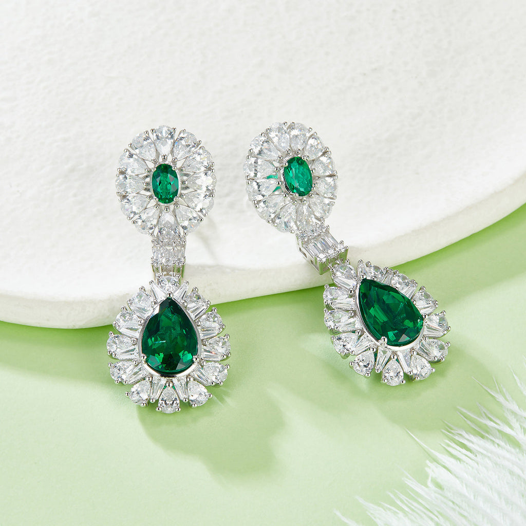 S925 Silver 15.4g 8ct Lab-Created Emerald Drop Earrings, 12x8mm & 6x4mm