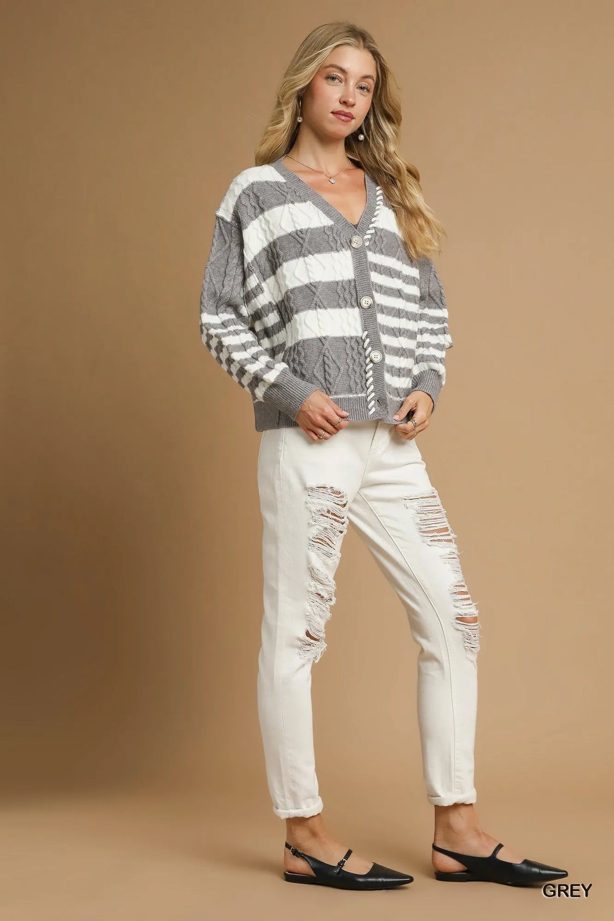 Umgee Cable-Knit Stripe Button-Up Cardigan