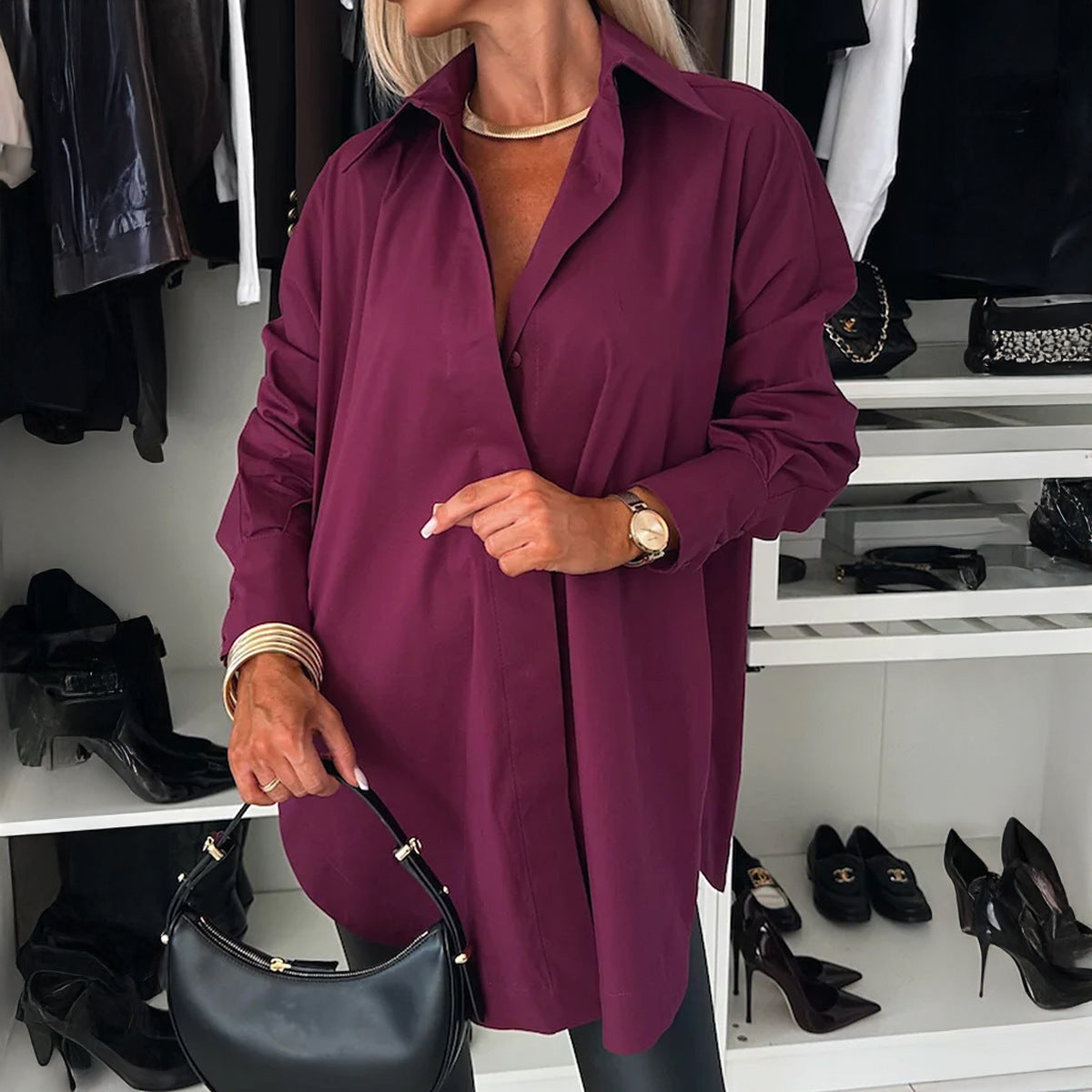 Solid-color Button-down Long-sleeve Versatile Chic Work Shirt