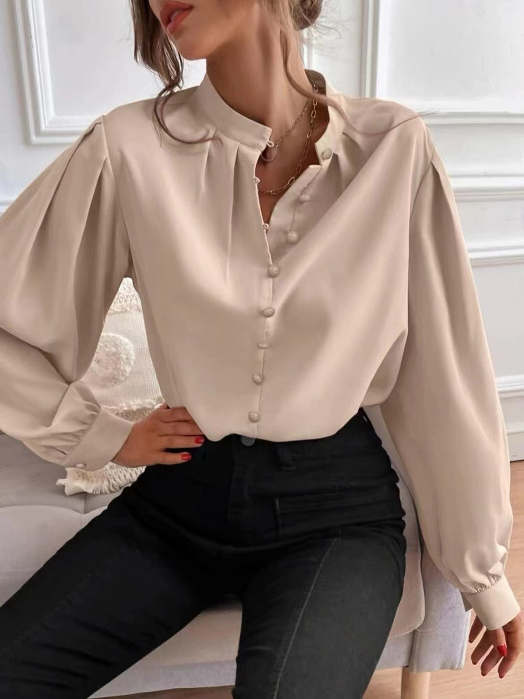 Solid Color Round Neck Long Sleeve Women's Shirt for Commute Style