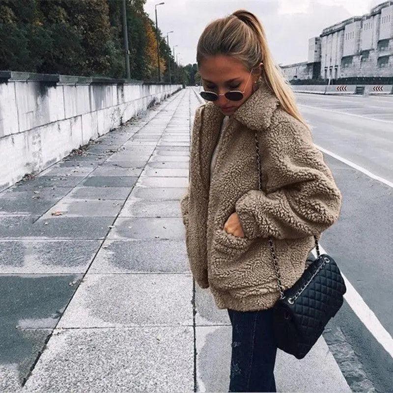 Durable Autumn Winter Faux Fur Coat For Women Casual Warm Soft Zipper Fur Jacket Plush Overcoat Pocket Plus Size Teddy Coat For Female