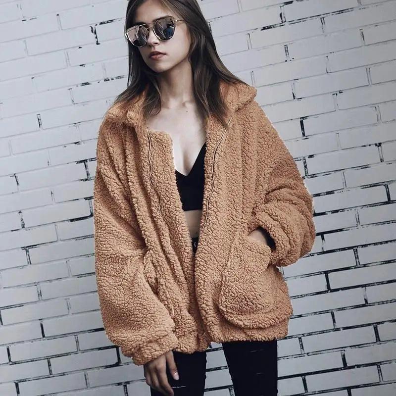 Durable Autumn Winter Faux Fur Coat For Women Casual Warm Soft Zipper Fur Jacket Plush Overcoat Pocket Plus Size Teddy Coat For Female