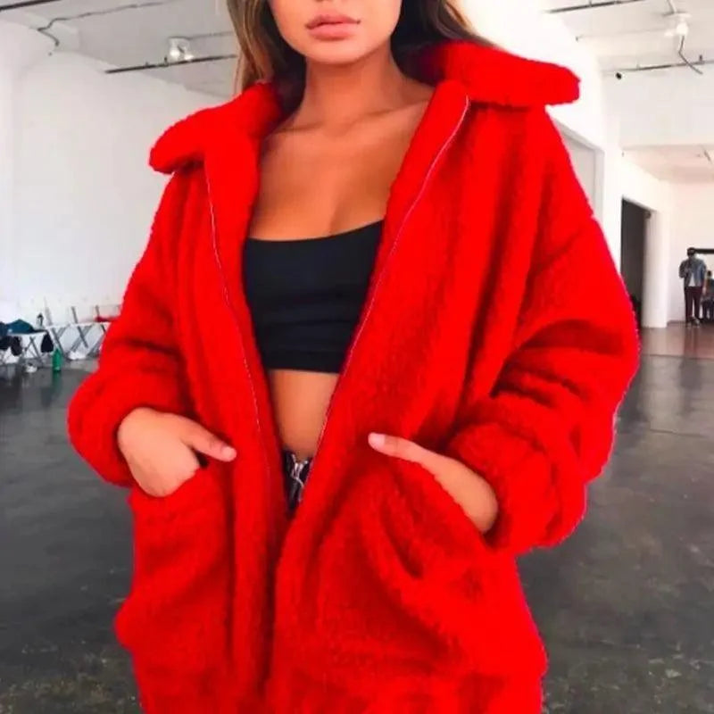 Durable Autumn Winter Faux Fur Coat For Women Casual Warm Soft Zipper Fur Jacket Plush Overcoat Pocket Plus Size Teddy Coat For Female