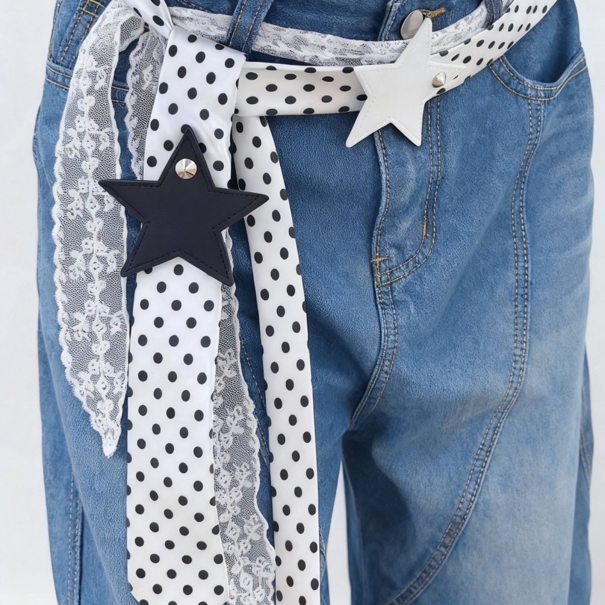 Polka-dot Silk Scarf Beltearly Autumn Styling With Denim Vintage Vibe
